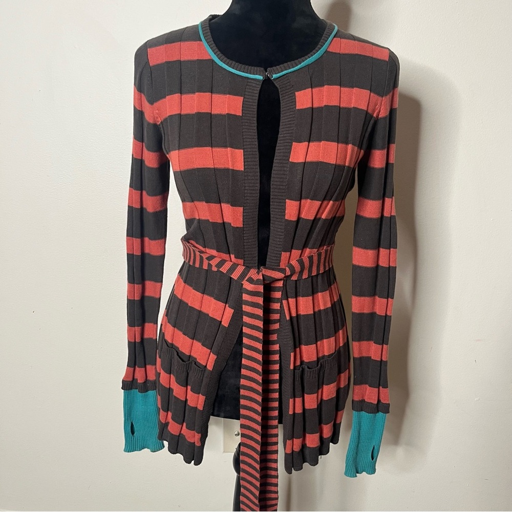 Matilda Jane “You & Me” Brown Coral Striped Ribbed Belted‎ Cardigan Sweater Sz S